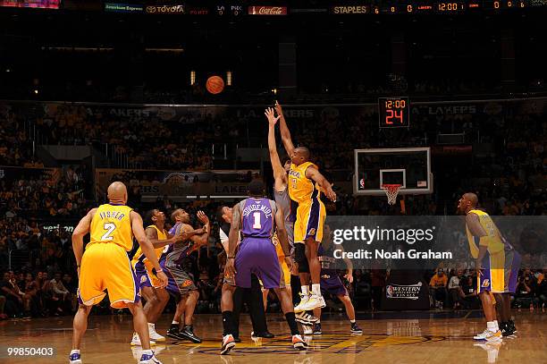 Andrew Bynum of the Los Angeles Lakers and Robin Lopez of the Phoenix Suns jump for the opening tip in Game One of the Western Conference Finals...