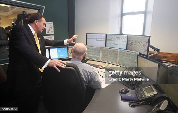 New Zealand Prime Minister John Key inspects the Wellington train control systems after the pre-Budget announcement regarding KiwiRail at Wellington...