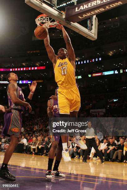 Center Andrew Bynum of the Los Angeles Lakers dunks the ball against the Phoenix Suns in Game One of the Western Conference Finals during the 2010...