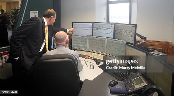 New Zealand Prime Minister John Key inspects the Wellington train control system after the pre-Budget announcement regarding KiwiRail at Wellington...