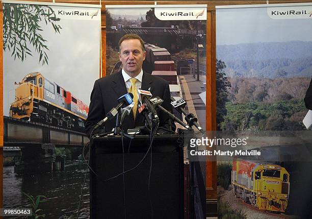 New Zealand Prime Minister John Key speaks to the media during a pre-Budget announcement regarding KiwiRail at Wellington Railway Station on May 18,...