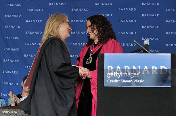 Barnard president Debora L. Spar and actress Meryl Streep attend the Barnard College Commencement on May 17, 2010 in New York City.