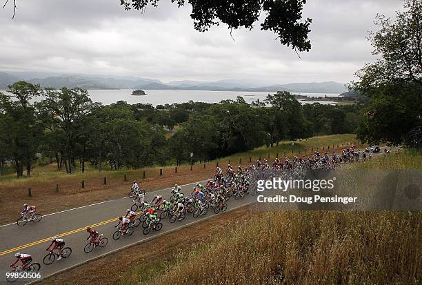 The peloton passes Lake Berryessa during Stage Two of the Tour of California from Davis to Santa Rosa on May 17, 2010 in Napa County, California.