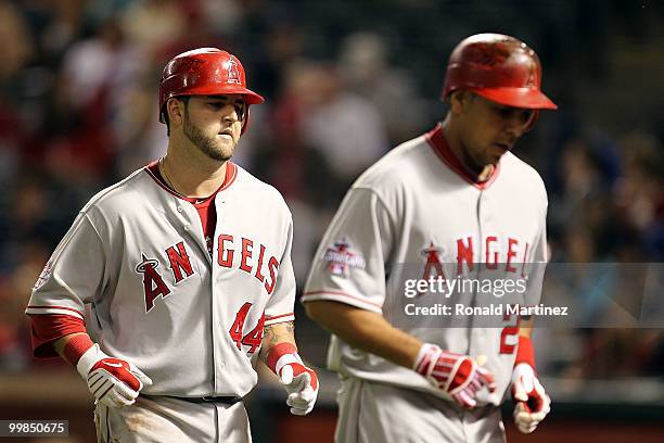 Mike Napoli of the Los Angeles Angels of Anaheim hits a two run homerun against the Texas Rangers on May 17, 2010 at Rangers Ballpark in Arlington,...