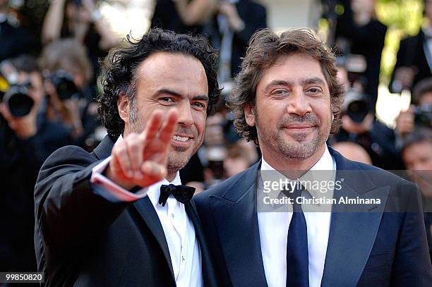 Director Alejandro Gonzalez Inarritu speaks to actor Javier Bardem as they attend 'Biutiful' Premiere at the Palais des Festivals during the 63rd...