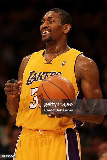 Forward Ron Artest of the Los Angeles Lakers reacts to a play against the Phoenix Suns in Game One of the Western Conference Finals during the 2010...