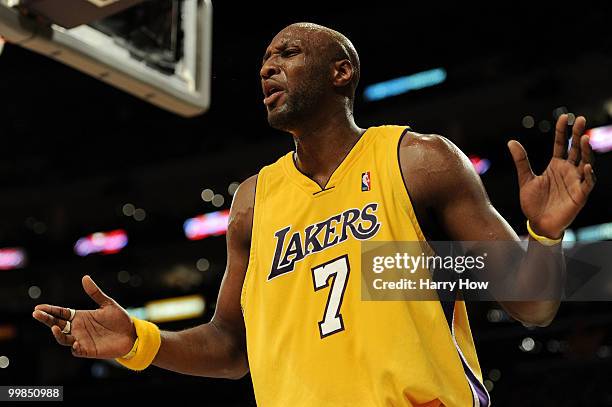 Forward Lamar Odom of the Los Angeles Lakers reacts to a foul called on him against the Phoenix Suns in Game One of the Western Conference Finals...