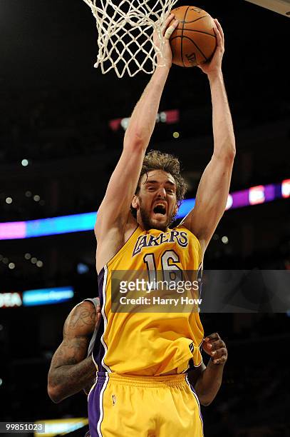 Forward Pau Gasol of the Los Angeles Lakers grabs a rebound against the Phoenix Suns in Game One of the Western Conference Finals during the 2010 NBA...