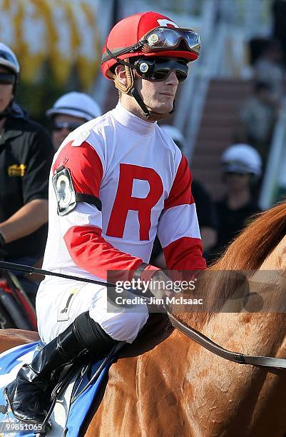 Julien Leparoux, upon Pleasant Prince, looks on prior to the start of the 135th running of the Preakness Stakes at Pimlico Race Course on May 15,...