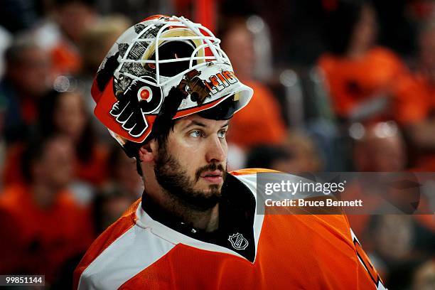 Michael Leighton of the Philadelphia Flyers looks on against the Montreal Canadiens in Game 1 of the Eastern Conference Finals during the 2010 NHL...