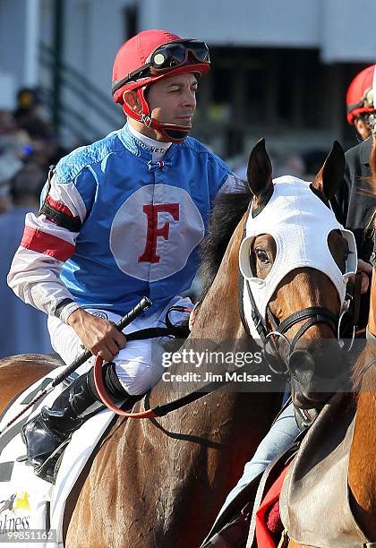 Eibar Coa, upon Schoolyard Dreams, looks on prior to the start of the 135th running of the Preakness Stakes at Pimlico Race Course on May 15, 2010 in...