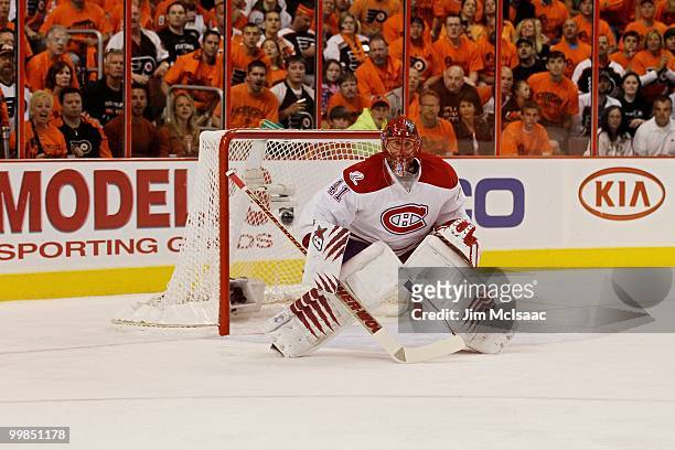 Jaroslav Halak of the Montreal Canadiens looks on against the Philadelphia Flyers in Game 1 of the Eastern Conference Finals during the 2010 NHL...