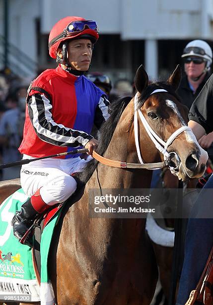 Edgar Prado, upon Yawanna Twist, looks on prior to the start of the 135th running of the Preakness Stakes at Pimlico Race Course on May 15, 2010 in...