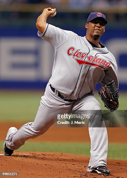 Pitcher Fausto Carmona of the Cleveland Indians pitches against the Tampa Bay Rays during the game at Tropicana Field on May 17, 2010 in St....
