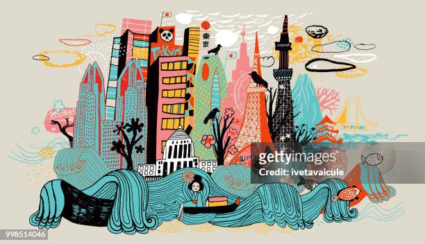 colorful drawing of tokyo skyline showing japanese cultural icons. - cultures stock illustrations