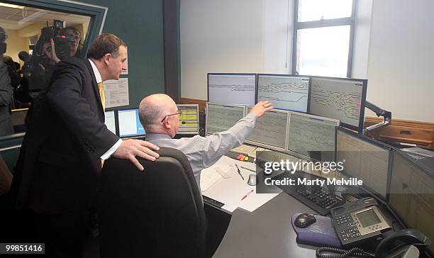 New Zealand Prime Minister John Key inspects the Wellington train control systemm after the pre-Budget announcement regarding KiwiRail at Wellington...