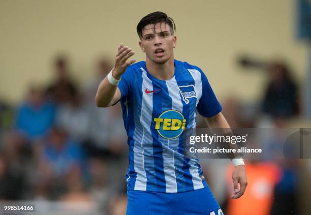 July 2018, Germany, Neuruppin: Test match, Hertha BSC vs Dukla Prague: Hertha's Nikos Zografakis in action. Photo: Soeren Stache/dpa