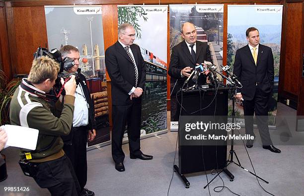 Transport Minister Steven Joyce speaks to the media during a pre-Budget announcement regarding KiwiRail at Wellington Railway Station on May 18, 2010...