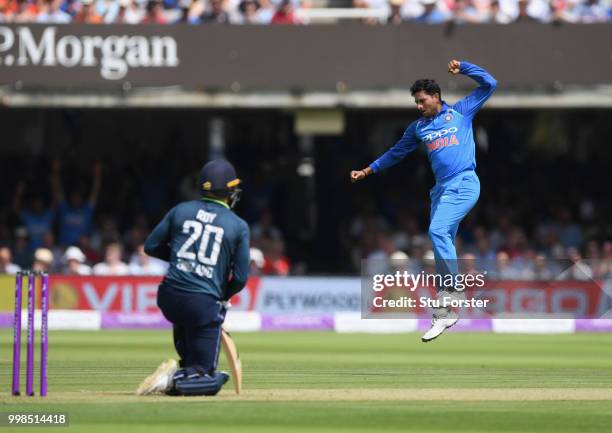 India bowler Kuldeep Yadav celebrates after dismissing Jason Roy during the 2nd ODI Royal London One Day International match between England and...