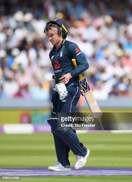 England batsman Jason Roy leaves the field after being dismissed during the 2nd ODI Royal London One Day International match between England and...