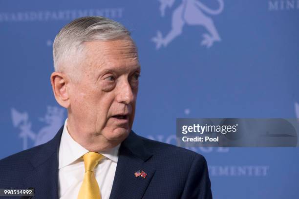 Secretary of Defence James Mattis attends a press conference with Norwegian Minister of Defense Frank Bakke-Jensen at the Ministry of Defence on July...