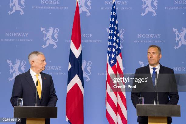 Secretary of Defence James Mattis and Norwegian Minister of Defense Frank Bakke-Jensen address a press conference at the Ministry of Defence on July...