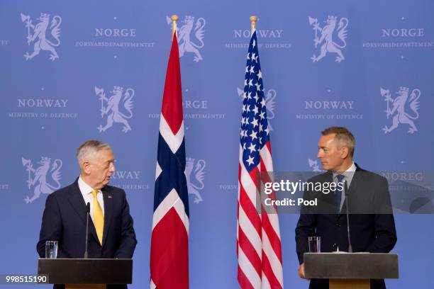 Secretary of Defence James Mattis and Norwegian Minister of Defense Frank Bakke-Jensen address a press conference at the Ministry of Defence on July...