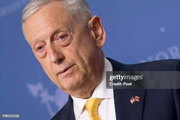 Secretary of Defence James Mattis attends a press conference with Norwegian Minister of Defense Frank Bakke-Jensen at the Ministry of Defence on July...