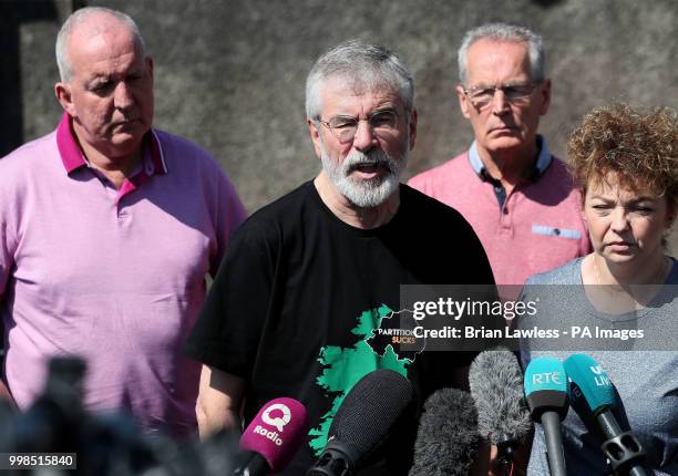 Former Sinn Fein president Gerry Adams at a press conference at Connolly House in Belfast alongside prominent Sinn Fein members Bobby Storey, Gerry...