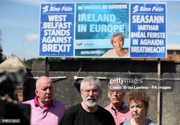 Former Sinn Fein president Gerry Adams at a press conference at Connolly House in Belfast alongside prominent Sinn Fein members Bobby Storey, Gerry...