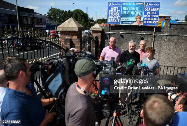 Former Sinn Fein president Gerry Adams at a press conference at Connolly House in Belfast alongside prominent Sinn Fein members Bobby Storey, Gerry...