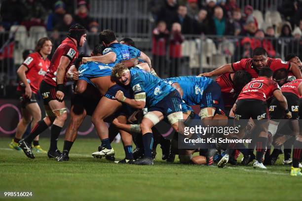 The Blues are awarded a penalty try during the round 19 Super Rugby match between the Crusaders and the Blues at AMI Stadium on July 14, 2018 in...