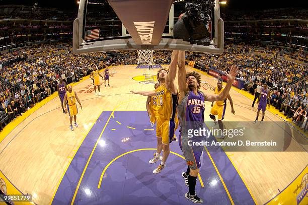 Robin Lopez of the Phoenix Suns goes up for a shot against Pau Gasol of the Los Angeles Lakers in Game One of the Western Conference Finals during...