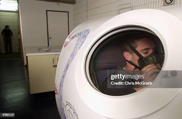 Brent Sherwin of the Bulldogs recieves Hyperbaric Chamber treatment for a corked thigh during Bulldogs training prior to their NRL semi final match...