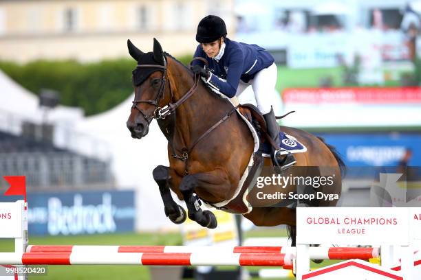 Onassis Athina riding MHS Going Global during the Prix Aire Cantilienne - Global Champions Tour on July 13, 2018 in Chantilly, France.