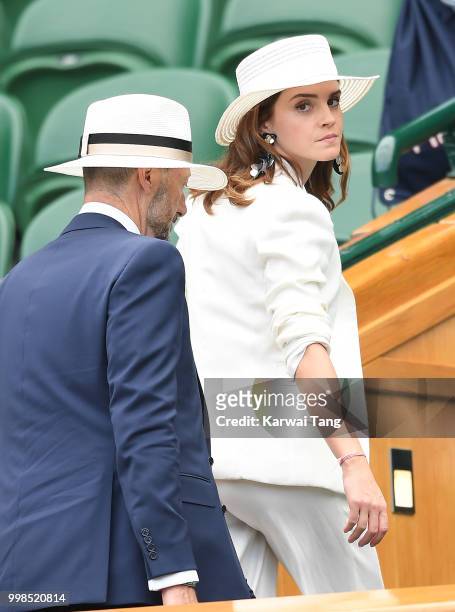 John Vosler and Emma Watson attend day twelve of the Wimbledon Tennis Championships at the All England Lawn Tennis and Croquet Club on July 14, 2018...