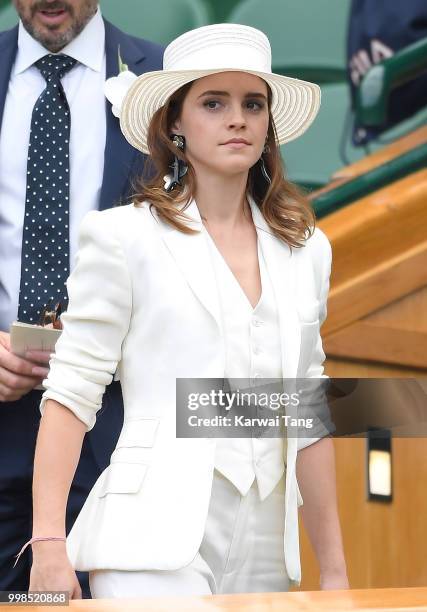 Emma Watson attends day twelve of the Wimbledon Tennis Championships at the All England Lawn Tennis and Croquet Club on July 14, 2018 in London,...