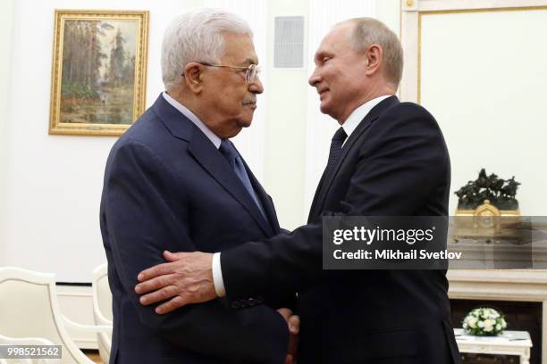 Russian President Vladimir Putin meets Palestinian President Mahmoud Abbas at the Kremlin, on July 14, 2018 in Moscow, Russia. The Palestinian leader...