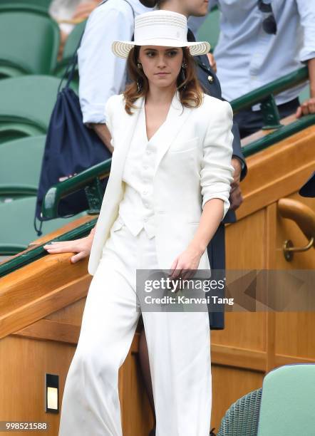 Emma Watson attends day twelve of the Wimbledon Tennis Championships at the All England Lawn Tennis and Croquet Club on July 14, 2018 in London,...