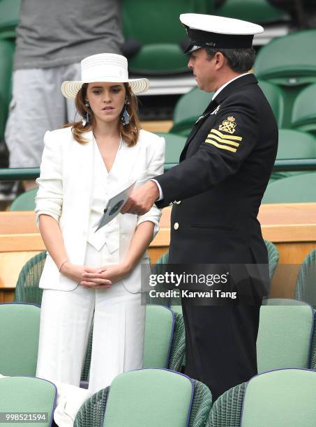 Emma Watson attends day twelve of the Wimbledon Tennis Championships at the All England Lawn Tennis and Croquet Club on July 14, 2018 in London,...