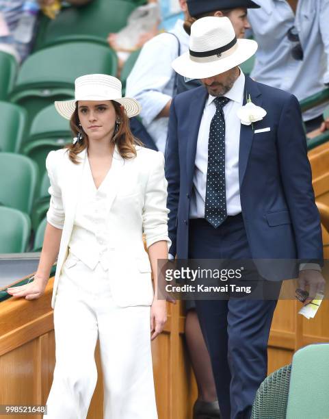 Emma Watson and John Vosler attend day twelve of the Wimbledon Tennis Championships at the All England Lawn Tennis and Croquet Club on July 14, 2018...