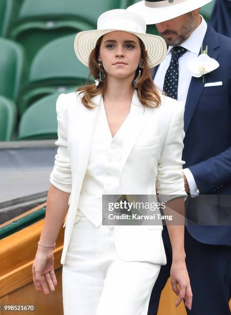 Emma Watson attends day twelve of the Wimbledon Tennis Championships at the All England Lawn Tennis and Croquet Club on July 14, 2018 in London,...