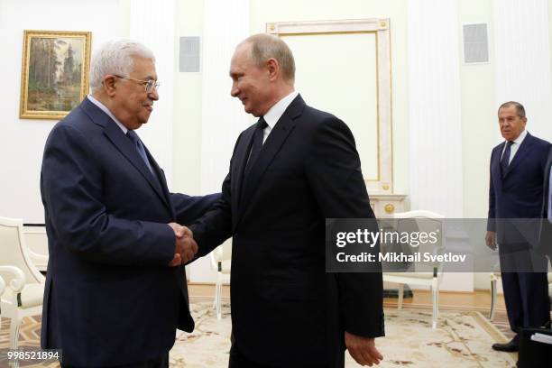 Russian President Vladimir Putin meets Palestinian President Mahmoud Abbas at the Kremlin, on July 14, 2018 in Moscow, Russia. The Palestinian leader...