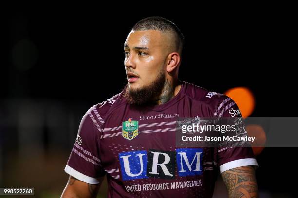 Addin Fonua-Blake of the Sea Eagles looks on during the round 18 NRL match between the Manly Sea Eagles and the Melbourne Storm at Lottoland on July...