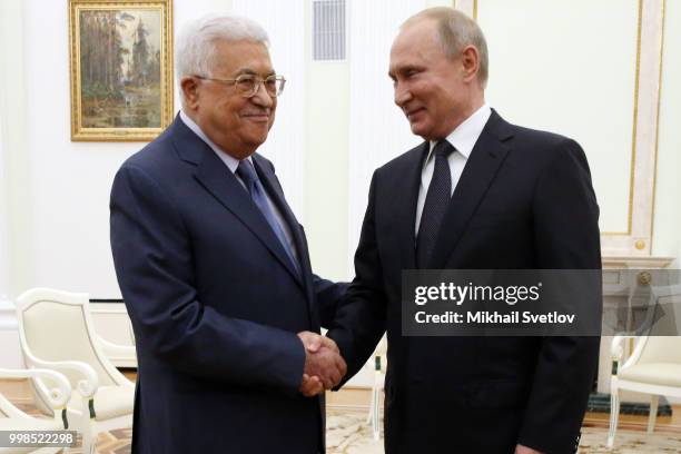 Russian President Vladimir Putin meets Palestinian President Mahmoud Abbas at the Kremlin, on July 14, 2018 in Moscow, Russia. The Palestinian leader...