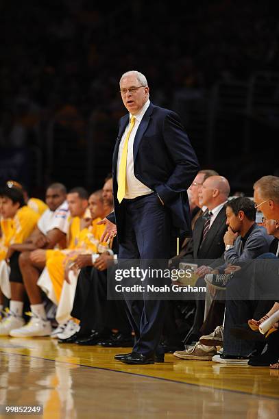 Head coach Phil Jackson of the Los Angeles Lakers looks on during Game One of the Western Conference Finals against the Phoenix Suns during the 2010...