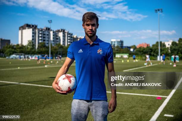 Mario Cuze, a young Dinamo Zagreb football club player poses for a picture during a training session in Zagreb, on July 14, 2018. - Whether it's the...