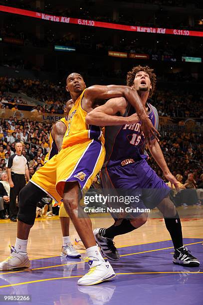 Andrew Bynum of the Los Angeles Lakers boxes out Robin Lopez of the Phoenix Suns in Game One of the Western Conference Finals during the 2010 NBA...