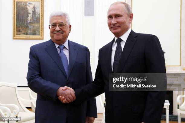 Russian President Vladimir Putin meets Palestinian President Mahmoud Abbas at the Kremlin, on July 14, 2018 in Moscow, Russia. The Palestinian leader...