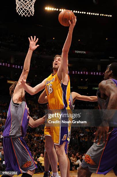 Pau Gasol of the Los Angeles Lakers puts up a shot against the Phoenix Suns in Game One of the Western Conference Finals during the 2010 NBA Playoffs...